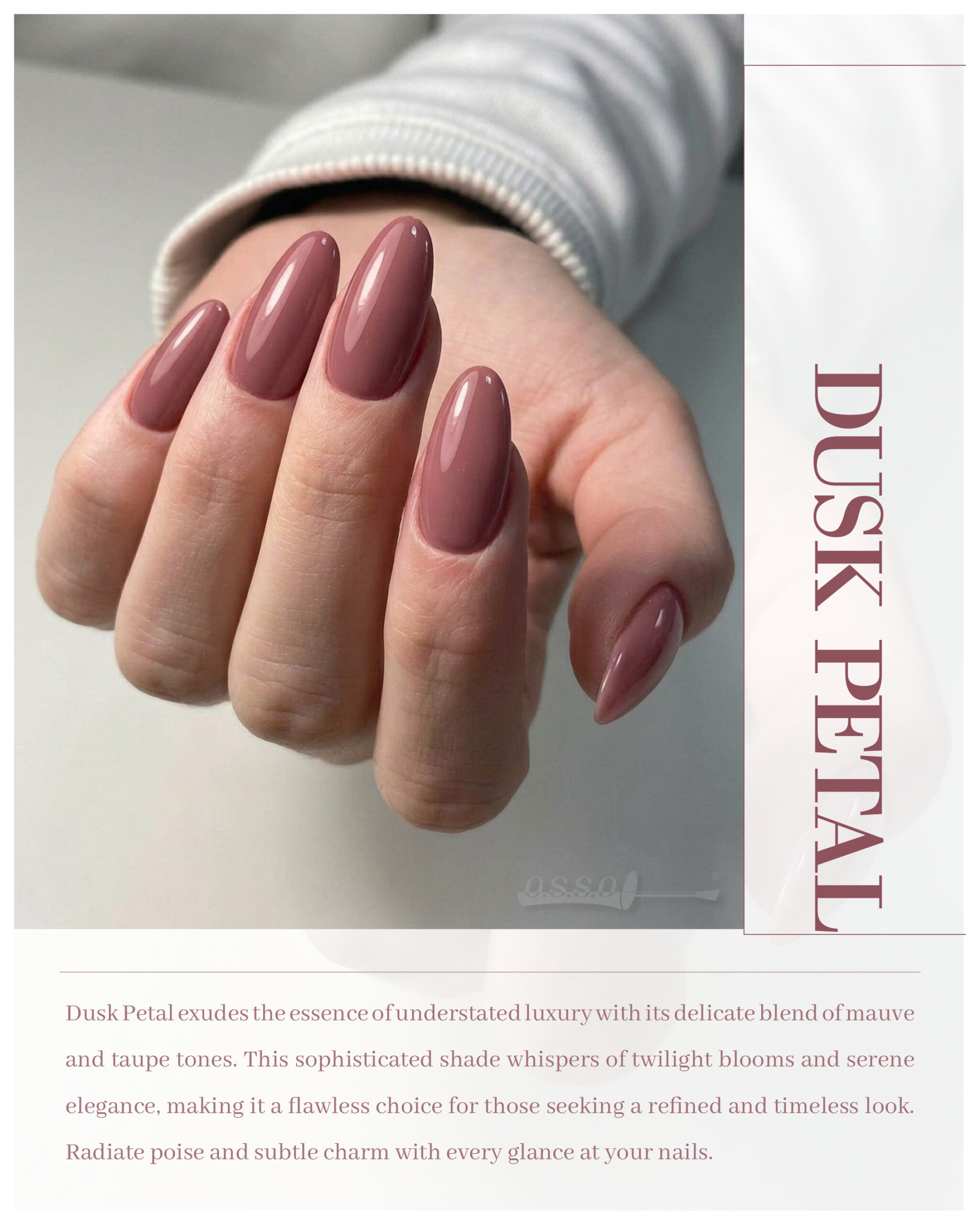 Dusk Petal mauve-taupe polished almond nails