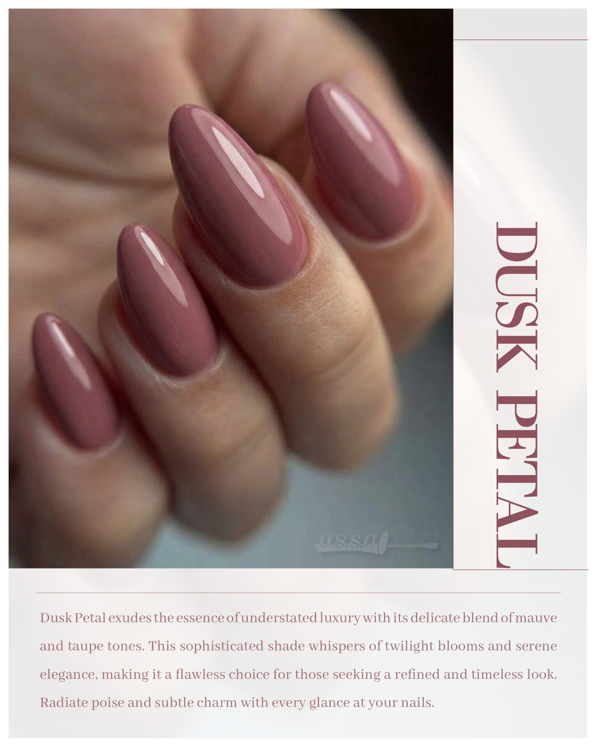 Dusk Petal mauve-taupe polished almond nails