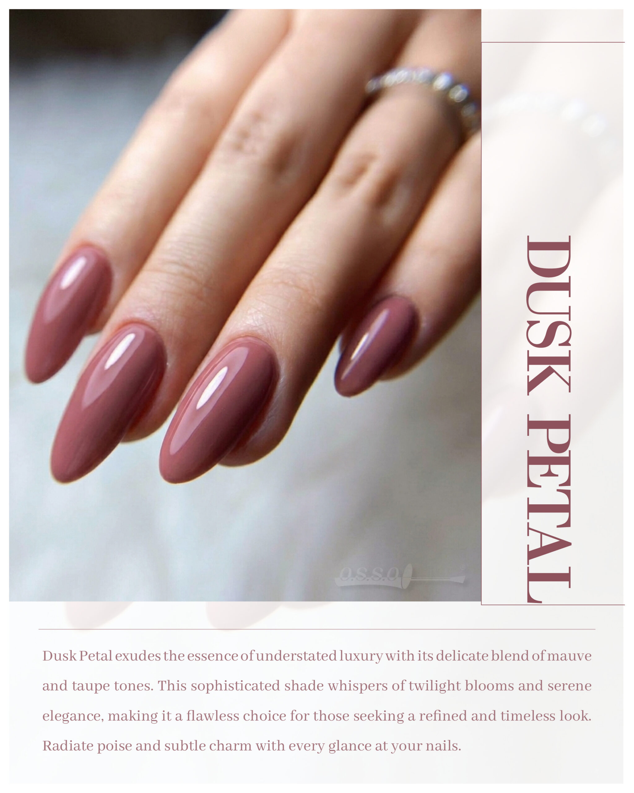 Dusk Petal mauve-taupe polished almond nails