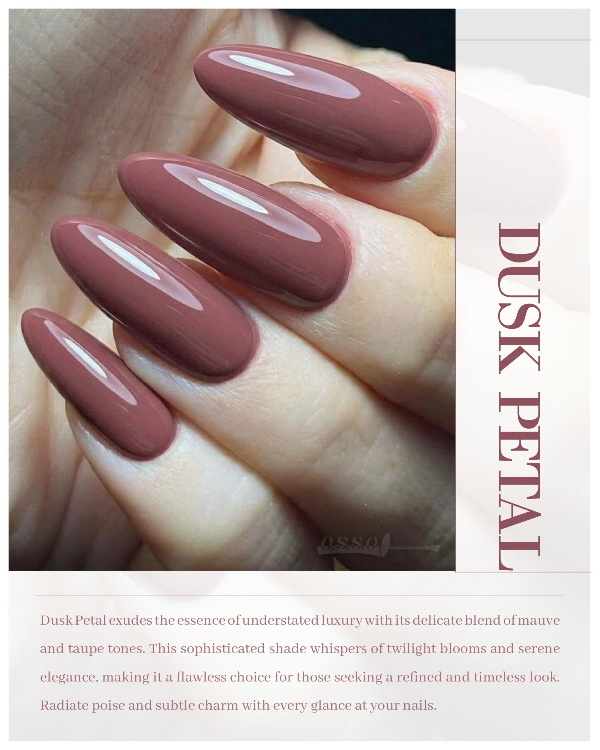 Dusk Petal mauve-taupe polished almond nails