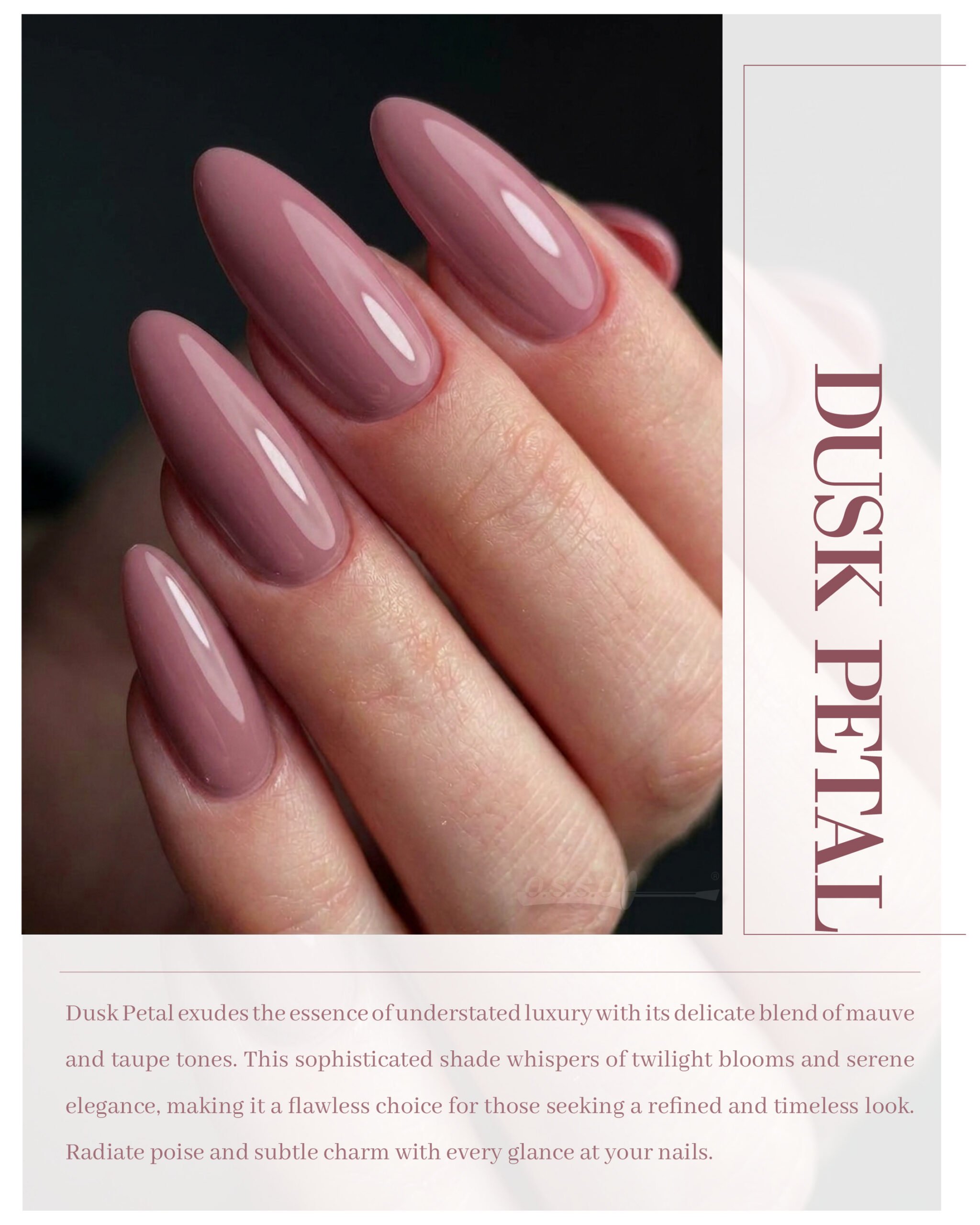 Dusk Petal mauve-taupe polished almond nails