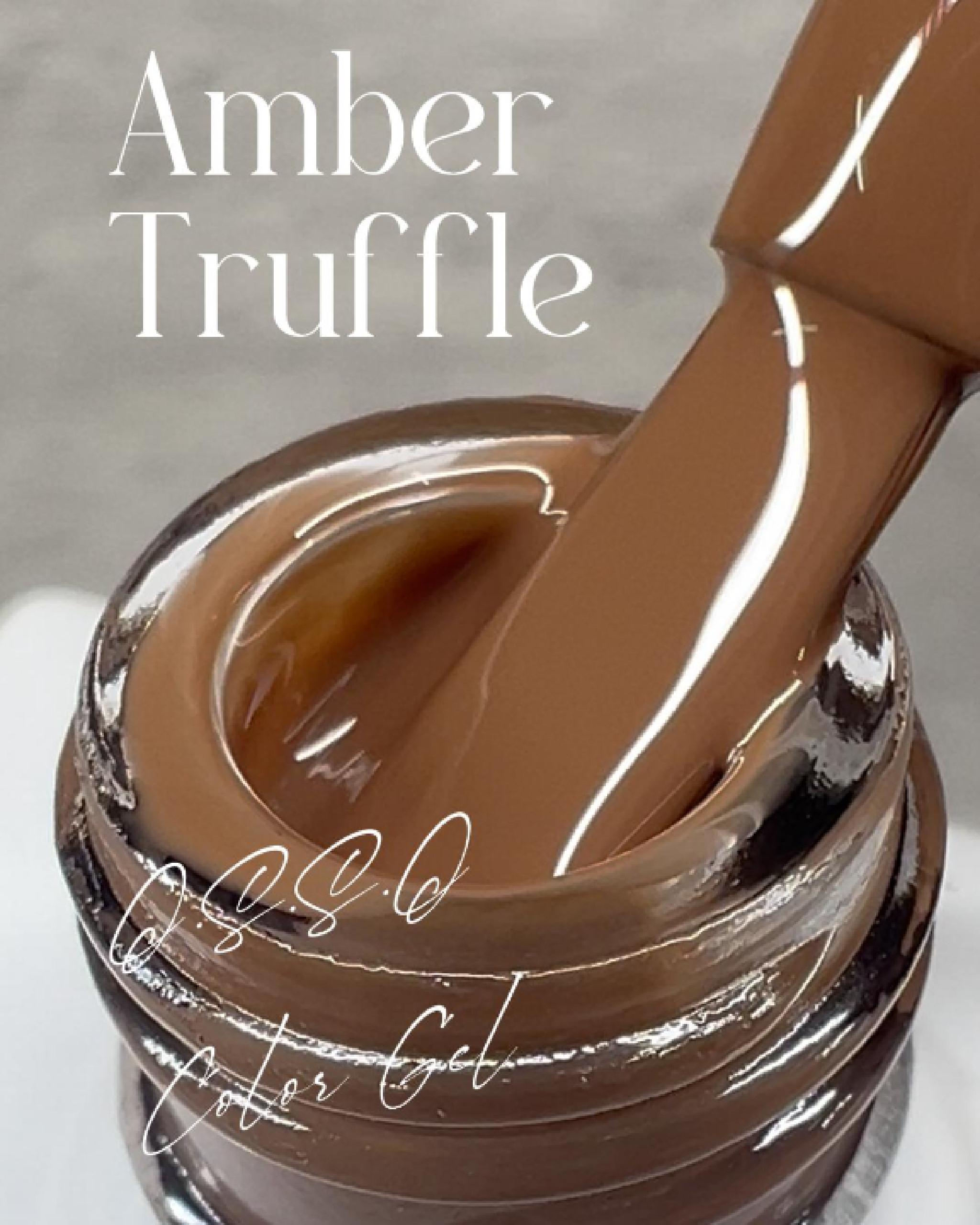 Amber Truffle color gel polish inside a glass bottle with brush applicator